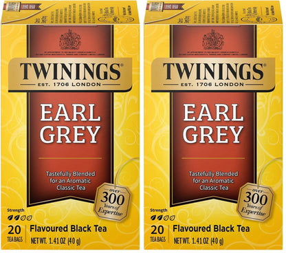 Twinings Earl Grey Black Tea Individually Wrapped Bags, 20 Count (Pack of 2), Flavoured with Citrus and Bergamot, Caffeinated, Enjoy Hot or Iced, 20 Teabags