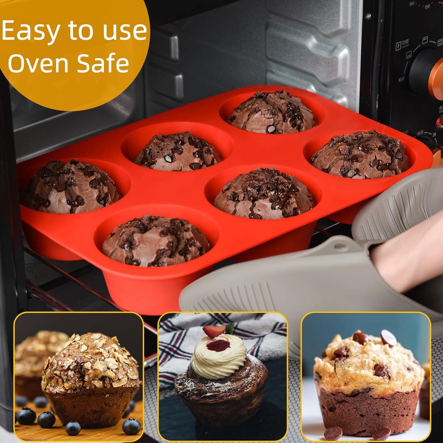 CAKETIME Silicone Muffin Pan Set | 3-Piece Bakeware - Mini 24 Cups, Regular 12 Cups, Jumbo 6 Cups