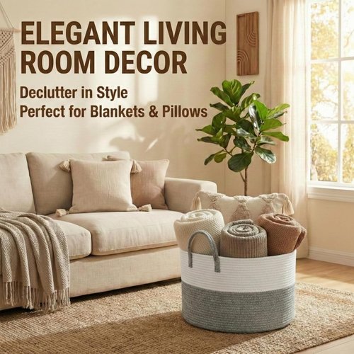 **JMvicyroam Extra Large Woven Cotton Rope Blanket Basket - Stylish Laundry Hamper with Reinforced Handles | Machine Washable, White & Grey**