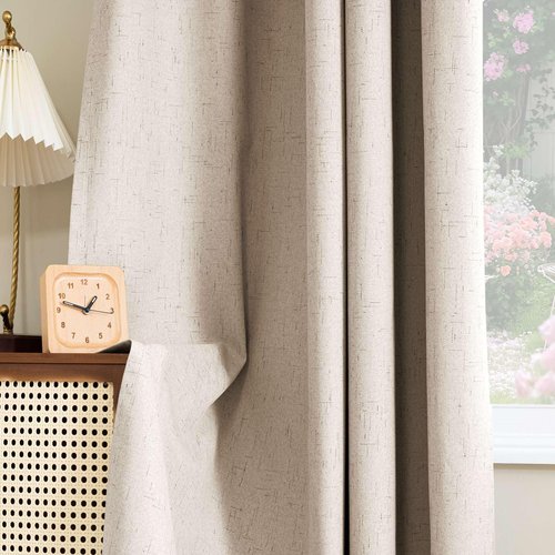 H.VERSAILTEX Linen Look 100% Blackout Curtains 84 Inches Long for Bedroom Full Light Blocking Rod Pocket Linen Textured Thick Window Curtain Drapes with White Backing, Natural, 2 Panels