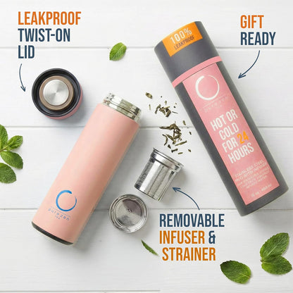 Pure Zen Tea Thermos - Stainless Steel Infuser Bottle for Hot & Cold Brews | 15oz - Pink