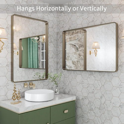 LOAAO Bronze Bathroom Mirror - 24”X36” Rounded Rectangle with Anti-Rust Brushed Metal Frame | Versatile Hanging Options
