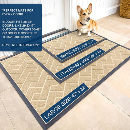 OLANLY Waterproof Front Door Mat - All-Season Herringbone Design | Sturdy Natural Rubber, Easy Clean (Beige, 47x23)