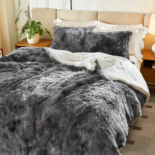 Luxury Faux Fur Shaggy Fluffy Comforter Set King Size Mixed Black and White Long Hair, 3 Pieces Plush Flannel Sherpa Backing Reversible Soft Microfiber Bedding Set Super Warm for Winter