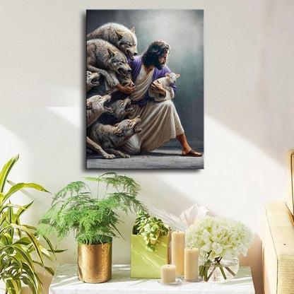 Christian Wall Art - Jesus the Good Shepherd Canvas Print | Guardian Shepherd Protecting Lambs - Ideal for Home Decor & Gifts