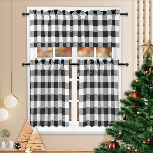 Simple Deluxe Buffalo Plaid Check Kitchen Tier Curtains, Short Small Window Gingham Curtain for Cafe, Bathroom, Kitchen Rod Pocket Curtains, Black and White, Tiers|26'' W x 24'' L X 2 Pcs