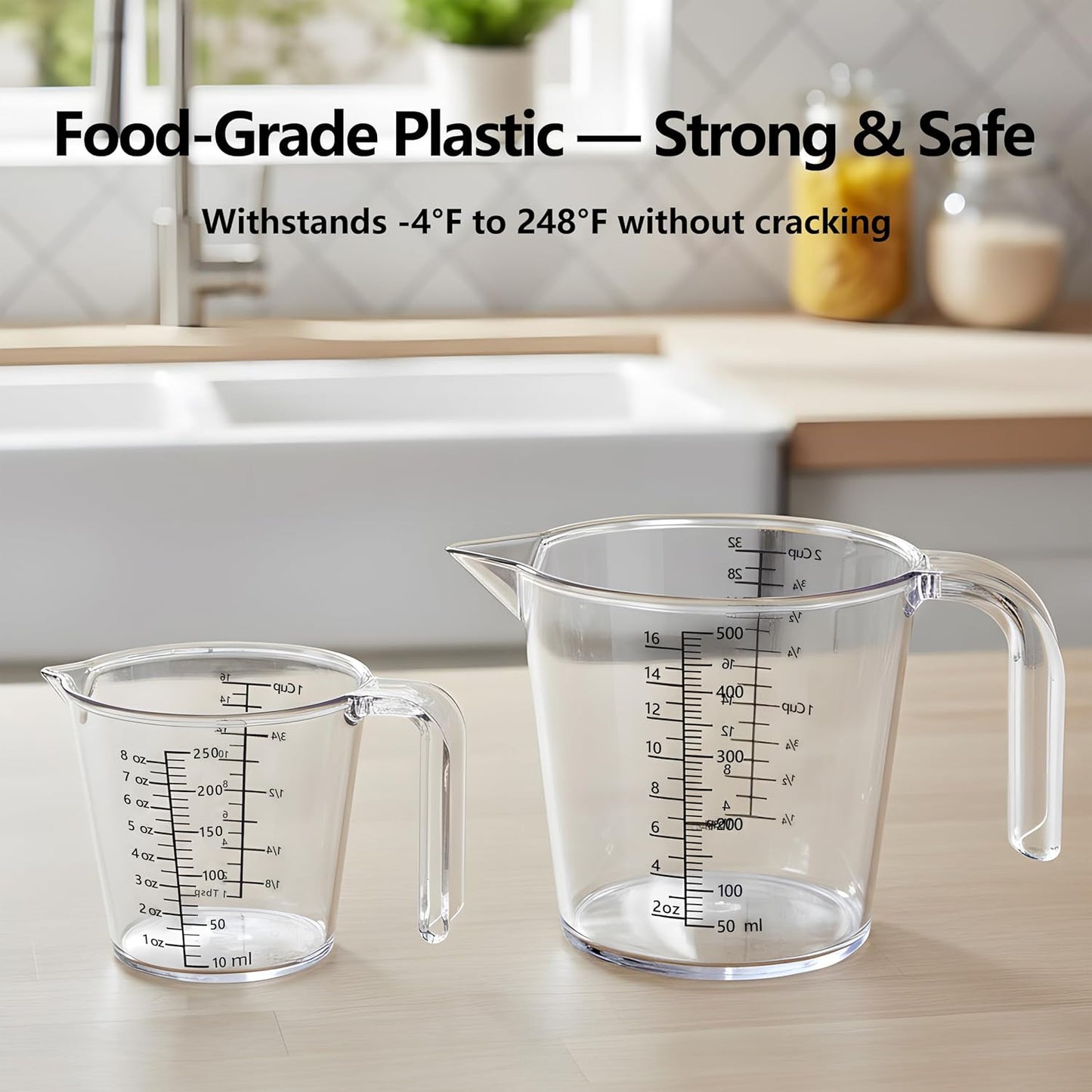 Skiennix Laser-Etched Measuring Cup Set - 8 oz & 16 oz Clear Plastic with Permanent Markings for Baking & Cooking