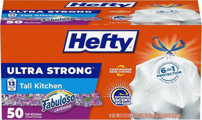 Hefty Ultra Strong 13 Gallon Trash Bags - Leak & Puncture Resistant | Continuous Odor Control, 50 Count, White