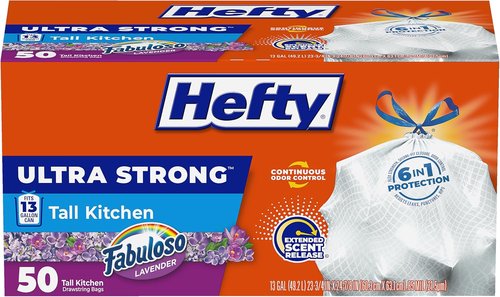 Hefty Ultra Strong 13 Gallon Trash Bags - Leak & Puncture Resistant | Continuous Odor Control, 50 Count, White