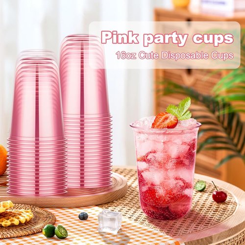KesaPlan 50 Pcs Pink Plastic Cups - 16oz Disposable Stemless Wine Glasses for Parties & Events