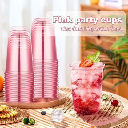 KesaPlan 50 Pcs Pink Plastic Cups - 16oz Disposable Stemless Wine Glasses for Parties & Events