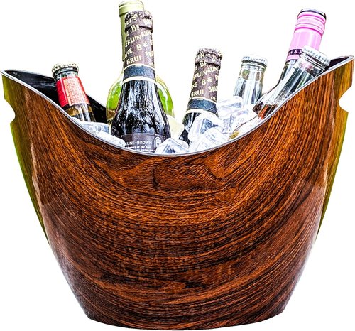 BREKX Cherry-Oak Wood Curved Beverage Tub, Wine Chiller and Ice Bucket, 8 Quarts