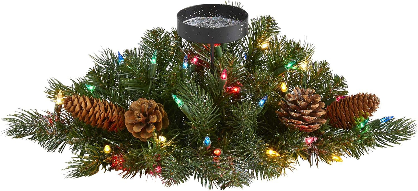 Nearly Natural 20-Inch Flocked Christmas Pine Candelabrum - Glittered with 35 Multicolored Lights & Pine Cones