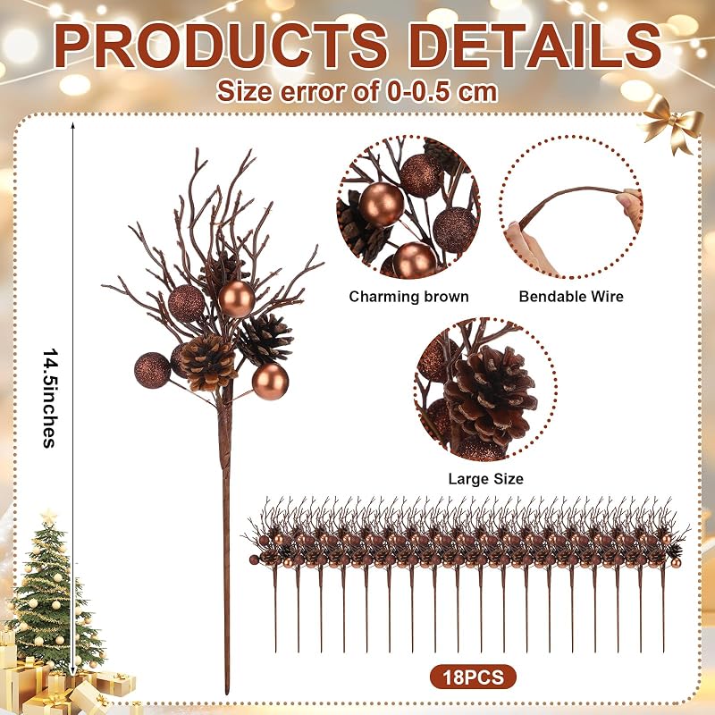 18 Pack Christmas Pinecone Picks - 14.5 Inch Rustic Bronze & Brown Branches (Variation 18)