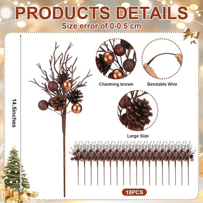 18 Pack Christmas Pinecone Picks - 14.5 Inch Rustic Bronze & Brown Branches (Variation 18)