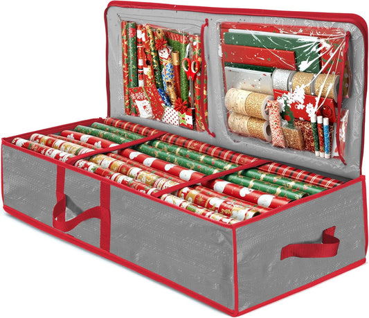 ZOBER Gift Wrap Storage Organizer - Waterproof Holder for 24 Rolls with Pockets for Bows & Tags - Gray