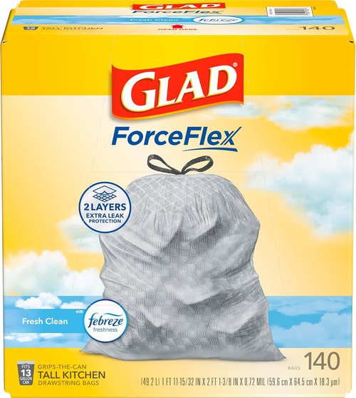 Glad ForceFlex Tall Kitchen Trash Bags - 13 Gallon Capacity, Fresh Clean Scent, 140 Count
