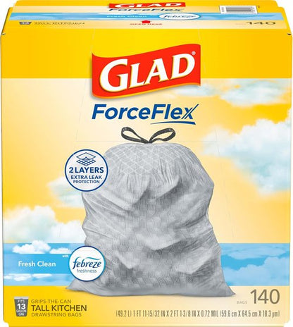 Glad ForceFlex Tall Kitchen Trash Bags - 13 Gallon Capacity, Fresh Clean Scent, 140 Count