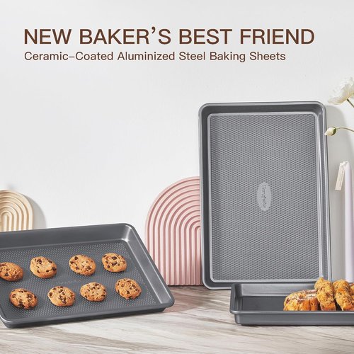 HONGBAKE Nonstick Ceramic Baking Sheet Pan Set - 3 Pack Half/Quarter/Jelly Roll Pans | Charcoal Gray