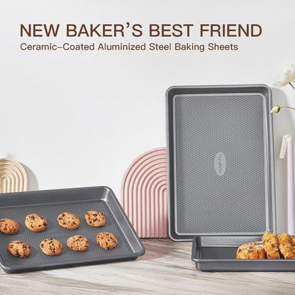 HONGBAKE Nonstick Ceramic Baking Sheet Pan Set - 3 Pack Half/Quarter/Jelly Roll Pans | Charcoal Gray