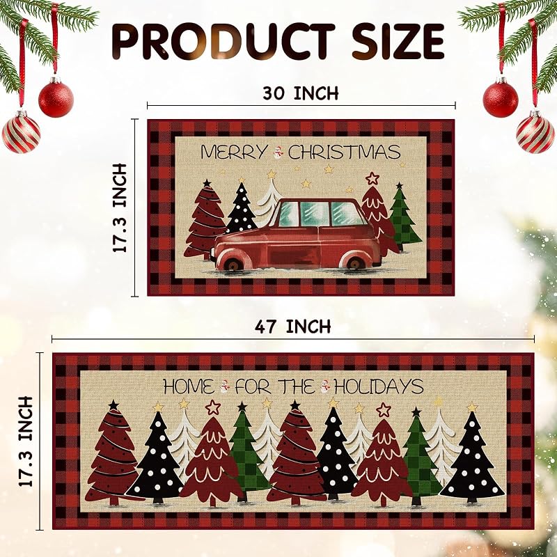 Christmas Kitchen Floor Mats 2-Pack Non-Slip 17x30 & 17x47 Red with Tree Print - Holiday Rug Set