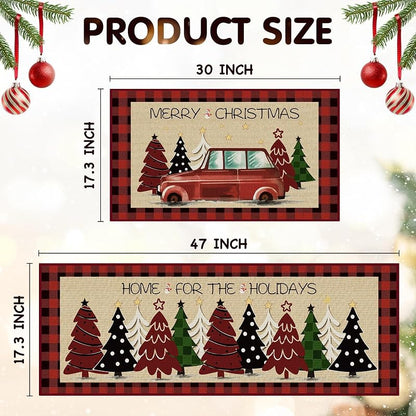 Christmas Kitchen Floor Mats 2-Pack Non-Slip 17x30 & 17x47 Red with Tree Print - Holiday Rug Set