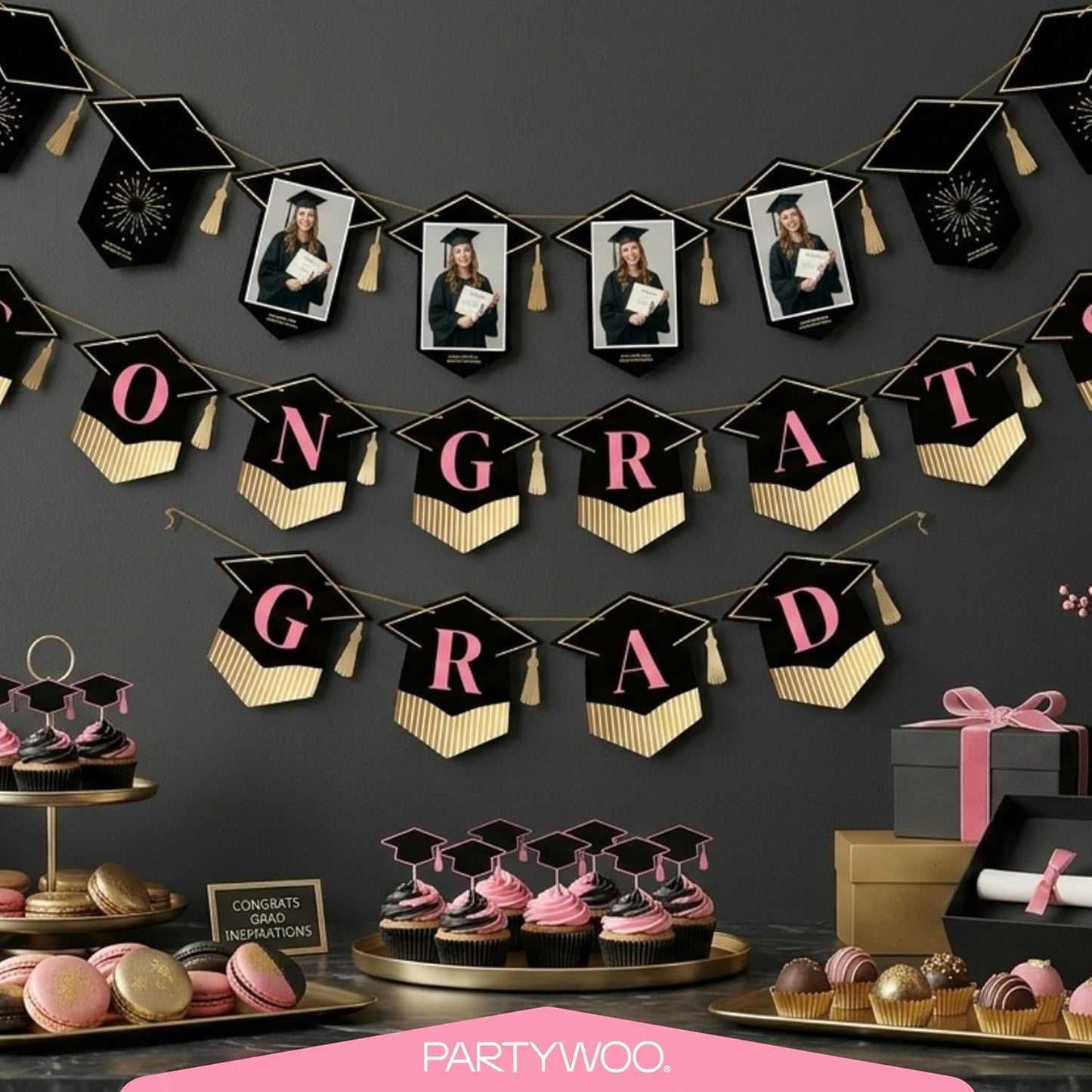 PartyWoo Graduation Banner - Class of 2026 Black Pink Gold Decorations | 2-Piece Set for Middle & High School Celebrations