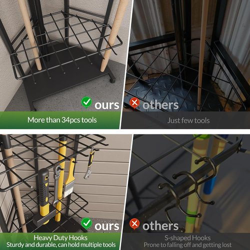 Garden Tool Organizer - Heavy Duty Metal Rack with 34 Storage Compartments & 14 Hooks for Tools