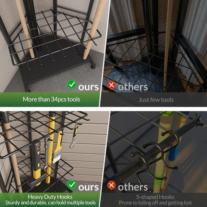 Garden Tool Organizer - Heavy Duty Metal Rack with 34 Storage Compartments & 14 Hooks for Tools