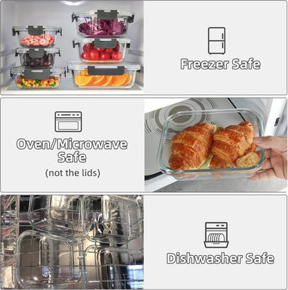 C CREST Glass Food Storage Containers Set - 12 Multi-Size Airtight Locking Lids for Meal Prep & Freshness