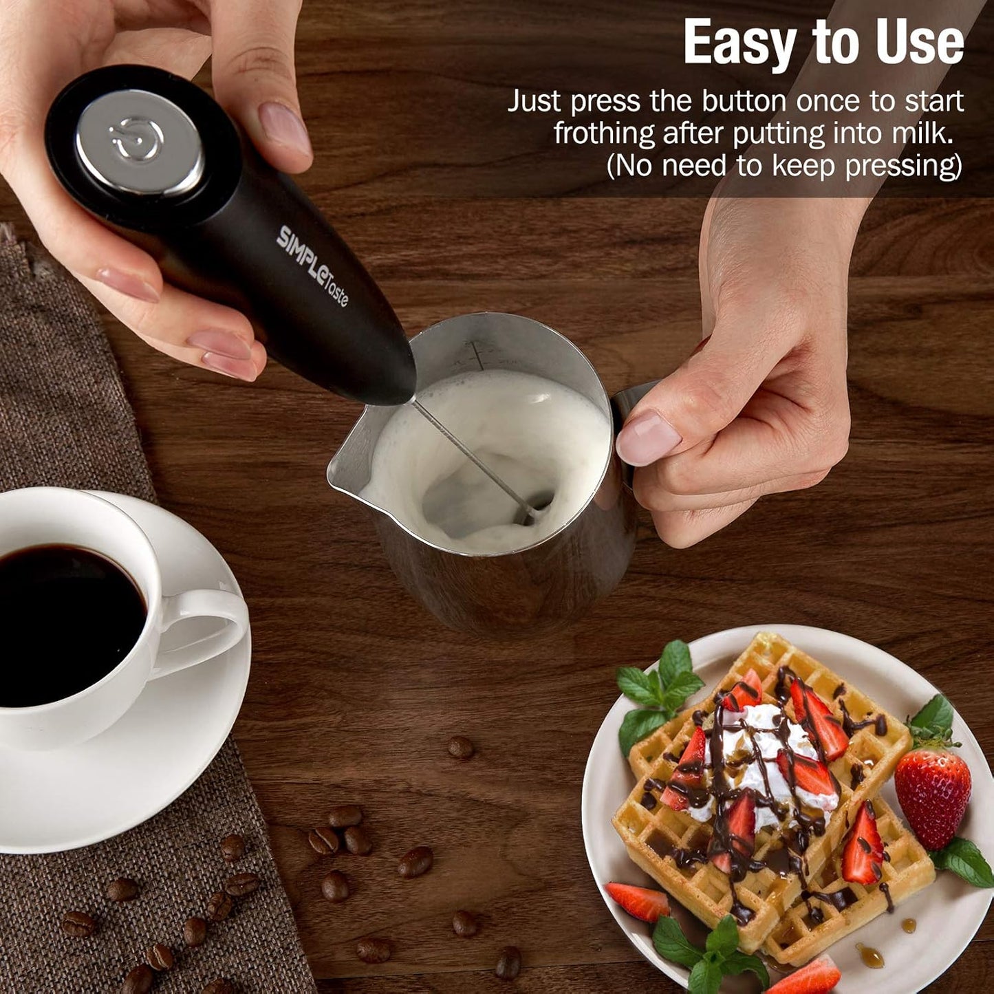 SimpleTaste Electric Milk Frother - Handheld Foam Maker with Stainless Steel Whisk for Lattes & Cappuccinos | Black with Stand