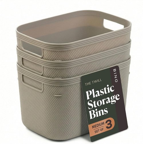 BINO Plastic Storage Bins - 5.5 Liter, Taupe | 3 Pack Woven Baskets for Organized Pantry