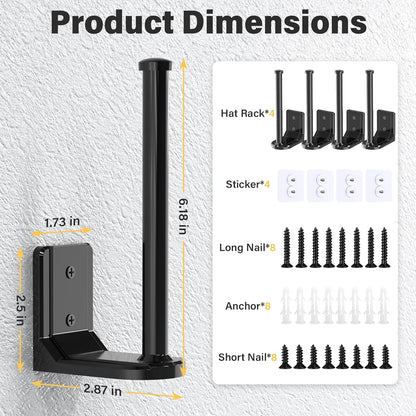 Skiennix Adhesive Hat Hooks - 4 Pack Wall Rack for Baseball Cap Storage | Black Hat Hanger Holder