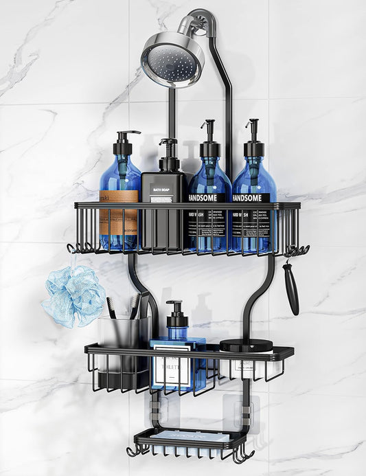 YASONIC Shower Caddy - Large Aluminum Over Shower Head Organizer with 10 Hooks & Soap Basket | Black