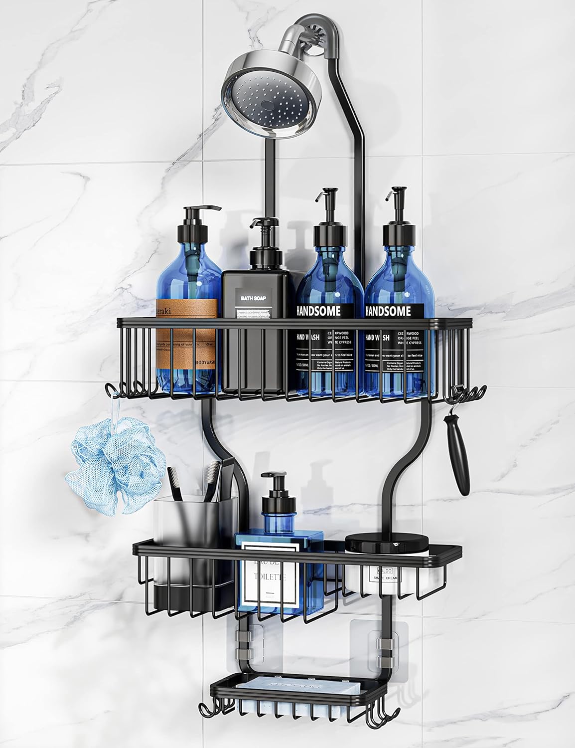 YASONIC Shower Caddy - Large Rust-Proof Aluminum Over Shower Head Organizer with 10 Hooks - Black