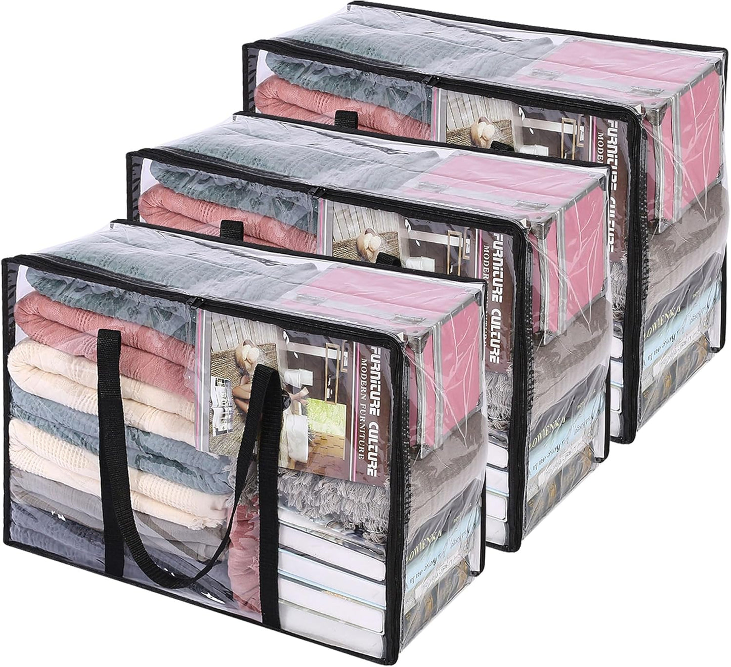 Vieshful Clear Clothes Storage Bags - 40L Zippered Organizer for Blankets, Comforters & Toys | Foldable Design