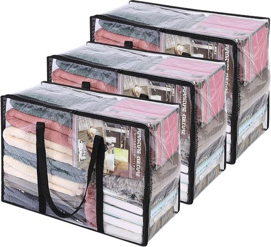 Vieshful Clear Clothes Storage Bags - 40L Zippered Organizer for Blankets, Comforters & Toys | Foldable Design