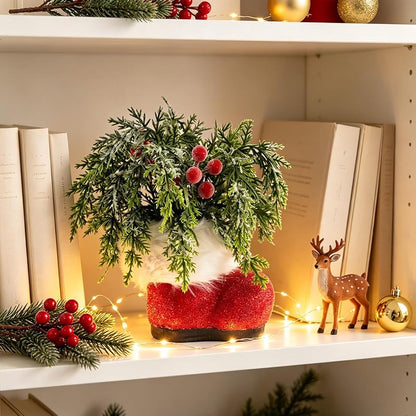 Mini Christmas Santa Boots Planter 8" with Red Berry Cedar