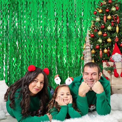 Skiennix Green Tinsel Foil Fringe Curtains - Metallic Wavy Backdrop for Party & Photo Booth Decor