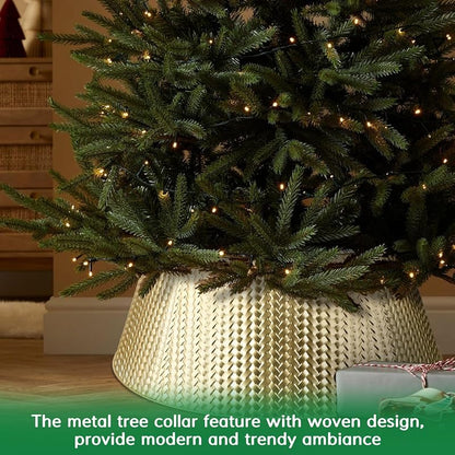 Champagne Gold Metal Christmas Tree Collar, 28 Inch - 5-Panel Interlocking Ring Skirt