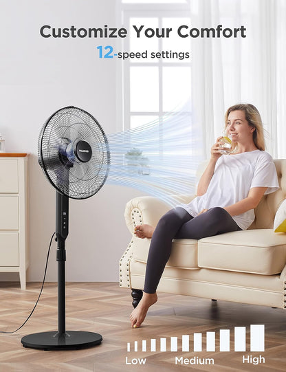 Pelonis 16" Oscillating Pedestal Fan - Ultra Quiet DC Motor, Adjustable Height, Remote Control | Black