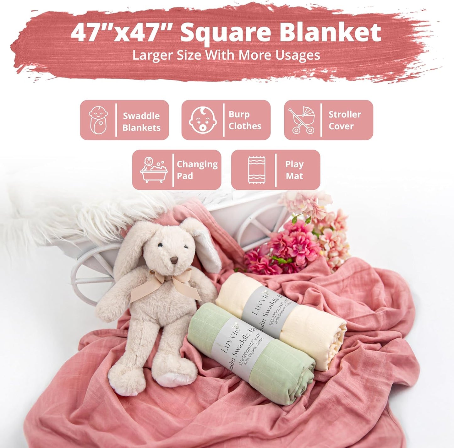 Skiennix Organic Muslin Swaddle Blankets - 100% Cotton, Soft & Breathable Baby Wraps | 3-Pack, 47 x 47 Inches
