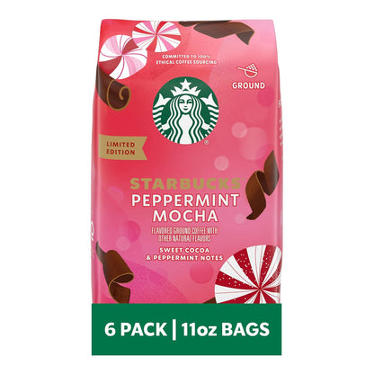 Starbucks Ground Coffee - Peppermint Mocha Flavor | 100% Arabica | Limited Holiday Edition, 6 Bags (11 Oz Each)