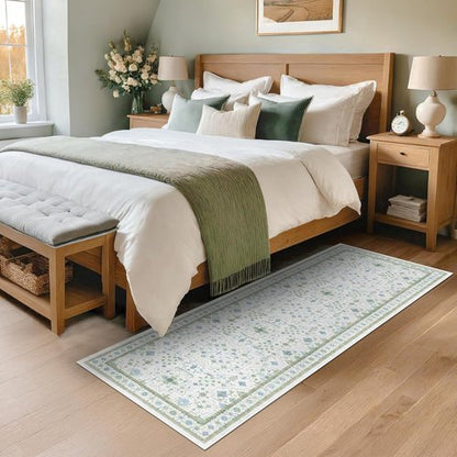 Hazo Haus Washable Oushak Bathroom Runner Rug - Eclectic Boho Floral Design, Non-Slip, 2x5 ft, Cream Green