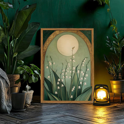 **Regine Switzerland Framed Vintage Lily of the Valley Wall Art - Moody Boho Floral Canvas Print 12x16in**