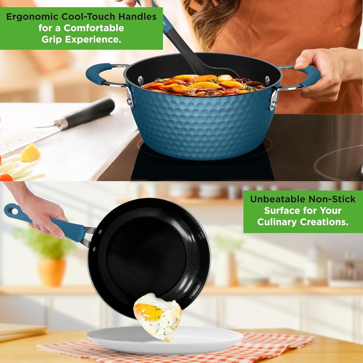 NutriChef 11-Piece Non-Stick Cookware Set - Ceramic Coating, Ergonomic Handles, Induction Ready | Royal Blue