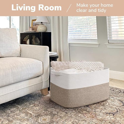 Goodpick Large Blanket Basket - Woven Cotton Rope Storage Solution | 22" x 17" x 12" | White & Brown