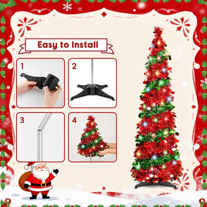 5ft Pop Up Christmas Tree with 90 LED Lights - Collapsible Tinsel Tree (Green) - Indoor Outdoor