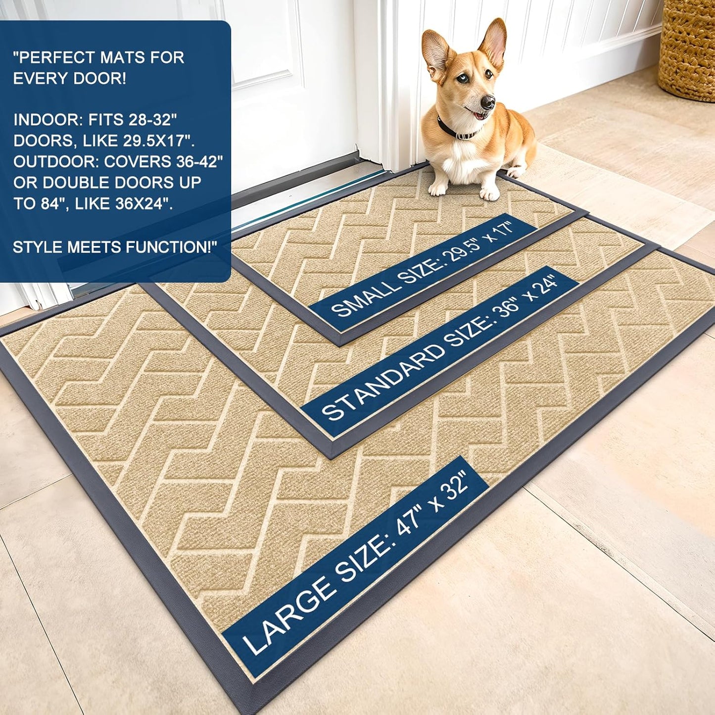 OLANLY Indoor Outdoor Front Door Mat - Waterproof All-Season Herringbone Doormat | Easy Clean, Beige 29.5x17