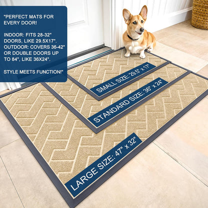 OLANLY Indoor Outdoor Front Door Mat - Waterproof All-Season Herringbone Design | Easy Clean, 47x32 Beige
